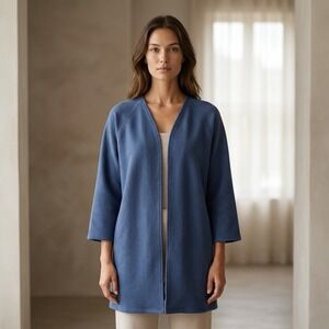 FILOSOFIA Women Cardigan L Blue Cotton Minimalist Open Front Fleece Robe Coat